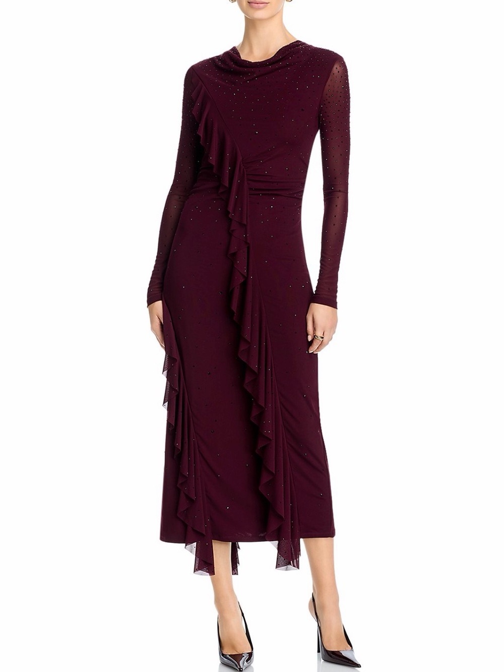 Aqua Women's Burgundy Ruffle embellished Midi Dress